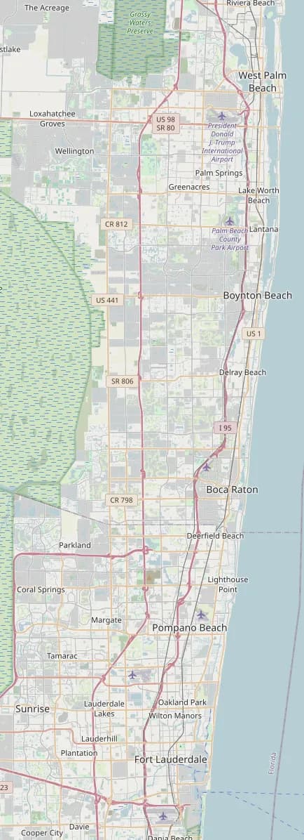 Map showing the cities TL Pavers serves, including Coconut Creek, Boca Raton, Fort Lauderdale, Pompano Beach, Coral Springs